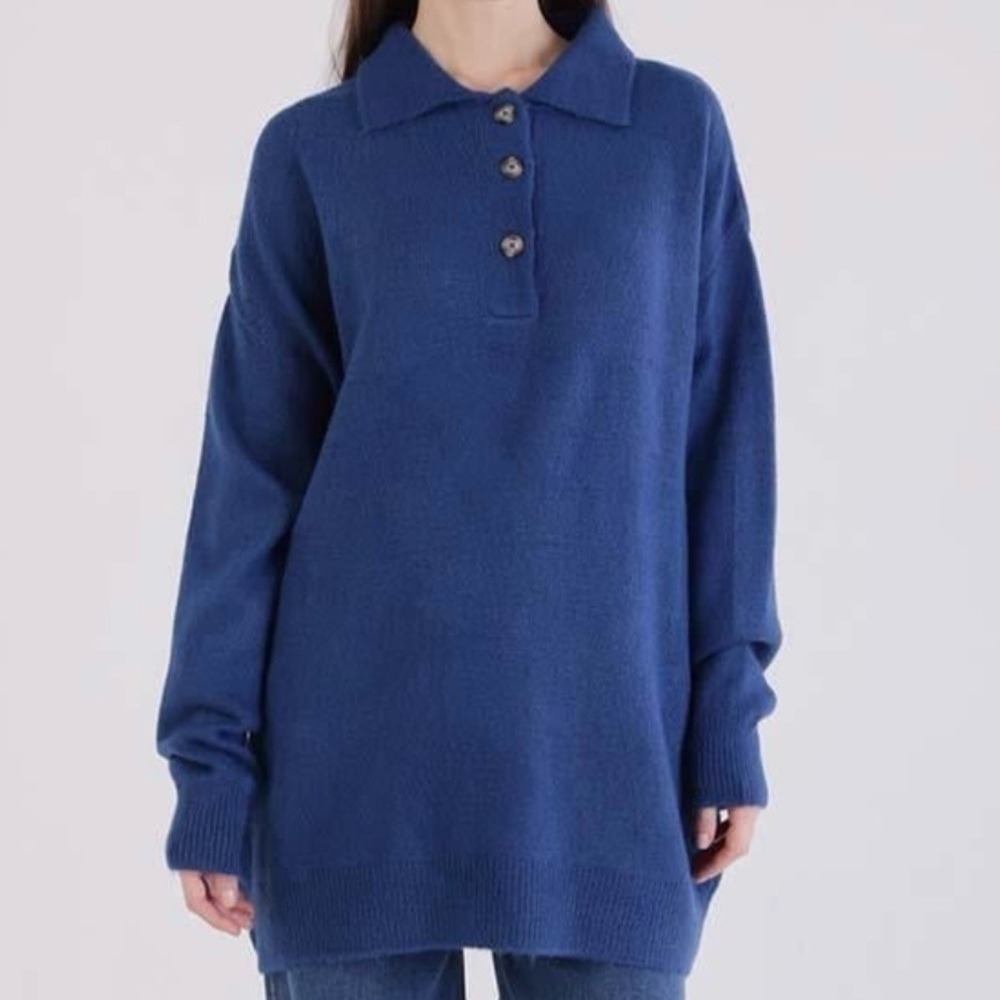 ALLDAY Petrol-Polo Collar Tricot Pullover Sweater One Size Blue Lightweight